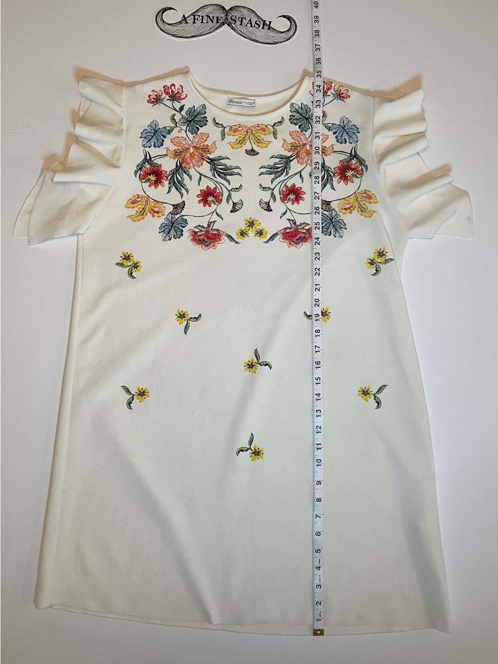 Zara White Floral Ruffle Sleeve Shift Mini Dress Boho Sz L - Picture 2 of 5